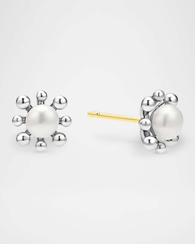 Luna Fleur Floral Pearl Stud Earrings in Sterling Silver